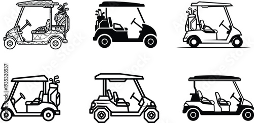 Six different golf carts in various styles and designs are shown