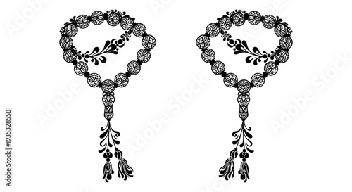Intricate black and white braided ceremonial ropes with decorative tassels hanging below Vector, illustration