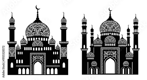 Elegant architectural designs of twin historic mosques with intricate domes and minarets. Vector, illustration
