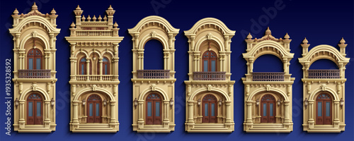 Paper cut style vector construction kit of colonial architecture. Set of isolated architectural elements, windows, doors, balconies and facades in 3D layered paper art craft.
