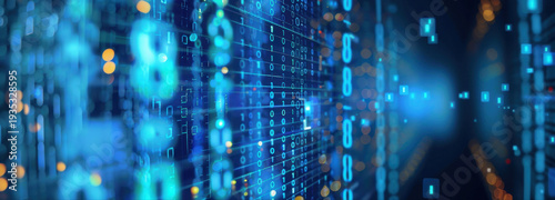 Digital Matrix in Blue: This dynamic image shows the complex world of data, depicted through glowing blue binary code, suggesting connectivity, technological advancement, and the digital landscape.