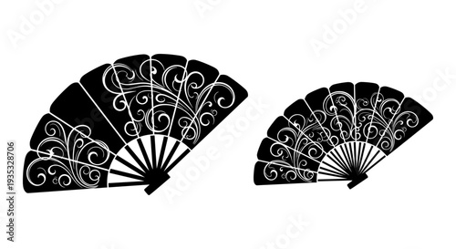 Elegant black and white decorative traditional folding fans displayed side by side Vector, illustration