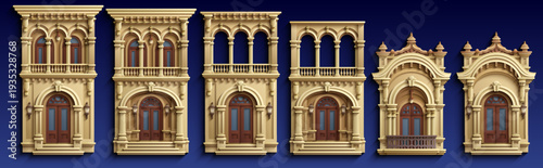 Paper cut style vector construction kit of colonial architecture. Set of isolated architectural elements, windows, doors, balconies and facades in 3D layered paper art craft.