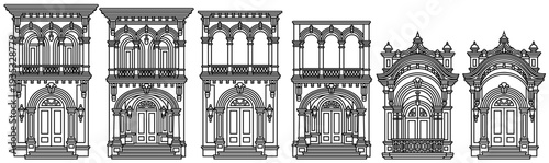 Black and white line art vector construction kit of colonial architecture. Set of isolated architectural elements, ornate windows, doors and facades. Coloring book page architectural details.