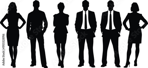 Black silhouette group of professional business people standing in line on white background for corporate team leadership concept and successful company staff recruitment