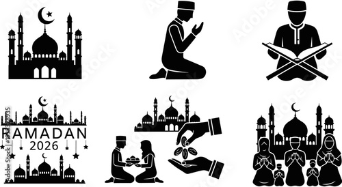 Islamic celebration bundle with ramadan kareem 2026 graphics, eid mubarak family dinner, mosque silhouettes, crescent moon stars, muslim prayer illustrations, religious holiday vector background.