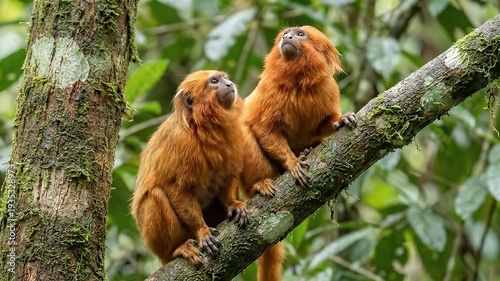 Golden Monkeys Sitting on Tree Branch.