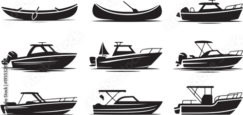 Collection of different boat types and styles isolated on transparent background