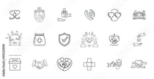 A diverse collection of icons representing various services, symbols, and activities