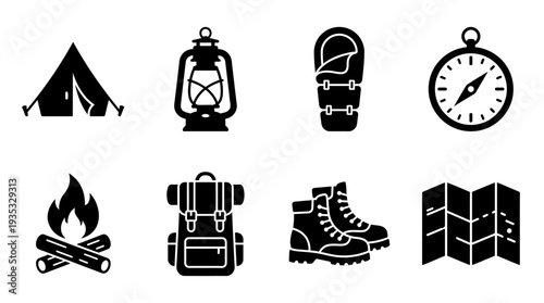 Camping Icon Set – Outdoor Adventure Illustrations Featuring Tent, Lantern, Sleeping Bag, Compass, Campfire, Backpack, Hiking Boots, and Map for Travel and Nature Designs