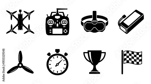 Drone Racing Icon Set – FPV Drone Sports Illustrations Featuring Racing Drone, Remote Controller, FPV Goggles, Battery Pack, Propeller, Stopwatch, Trophy, and Race Gate Flag