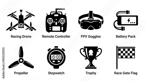 Drone Racing Icon Set – FPV Drone Sports Illustrations Featuring Racing Drone, Remote Controller, FPV Goggles, Battery Pack, Propeller, Stopwatch, Trophy, and Race Gate Flag