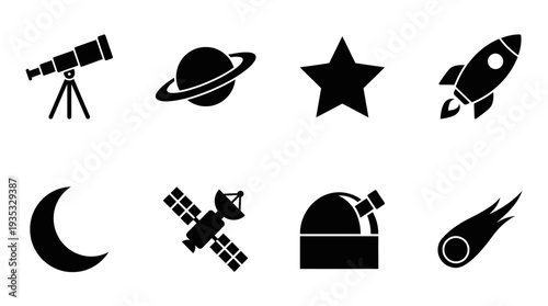 Space Icon Set – Astronomy and Exploration Illustrations Featuring Telescope, Planet with Rings, Stars, Rockets, Crescent Moon, Satellite, Observatory, and Comet for Cosmic Designs
