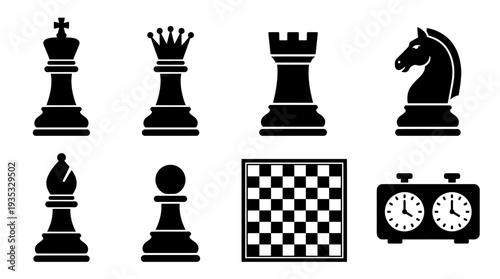 Chess Icon Set – Classic Board Game Illustrations Featuring King, Queen, Rook, Knight, Bishop, Pawn, Chessboard, and Chess Clock for Strategy and Gaming Designs