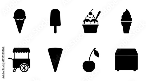 Ice Cream Icon Set – Dessert Illustrations Featuring Ice Cream Cone, Popsicle, Ice Cream Bowl, Soft Serve, Ice Cream Cart, Waffle Cone, Cherry, and Freezer Unit
