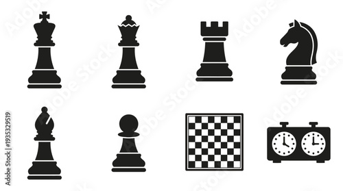 Chess Icon Set – Classic Board Game Illustrations Featuring King, Queen, Rook, Knight, Bishop, Pawn, Chessboard, and Chess Clock for Strategy and Gaming Designs