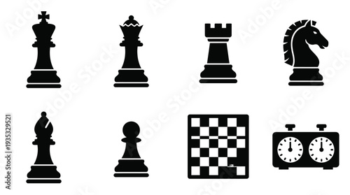 Chess Icon Set – Classic Board Game Illustrations Featuring King, Queen, Rook, Knight, Bishop, Pawn, Chessboard, and Chess Clock for Strategy and Gaming Designs