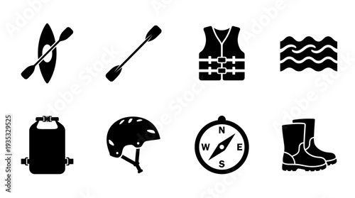 Kayaking Icon Set – Water Sports Illustrations Featuring Kayak, Paddle, Life Jacket, Waves, Dry Bag, Helmet, Compass, and Waterproof Boots for Outdoor Adventure Designs