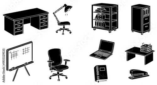 Professional Office Furniture and Supplies Silhouette Icons – Detailed Vector Workspace Collection
