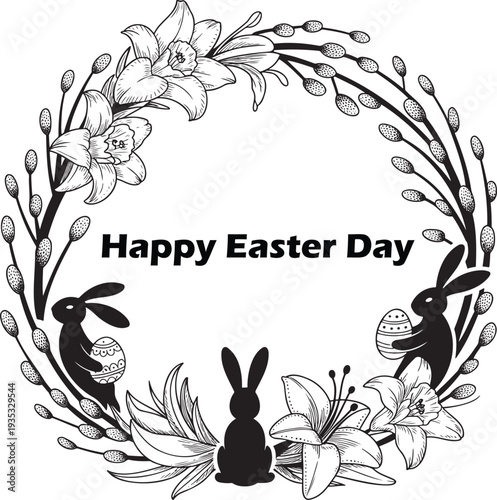 A charming black and white wreath with Easter bunnies holding eggs and spring flowers