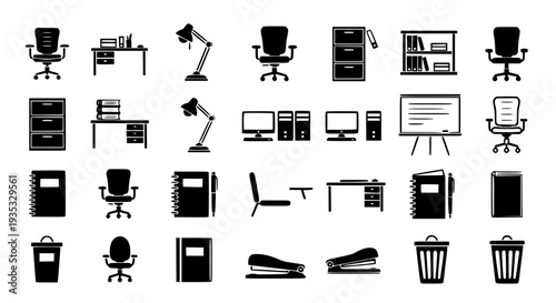 Office Furniture and Supplies Silhouette Icon Set – Flat Vector Workspace Essentials Collection
