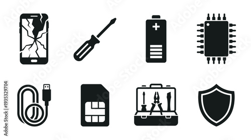 Electronics Repair Icon Set – Tech and Device Illustrations Featuring Cracked Smartphone, Screwdriver, Car Battery, Microchip, USB Cable, SIM Card, Toolbox, and Security Shield