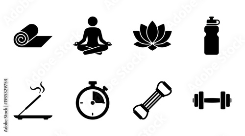 Yoga and Wellness Icon Set – Fitness and Mindfulness Illustrations Featuring Yoga Mat, Meditation Pose, Lotus Flower, Water Bottle, Incense, Stopwatch, Resistance Band, and Dumbbell