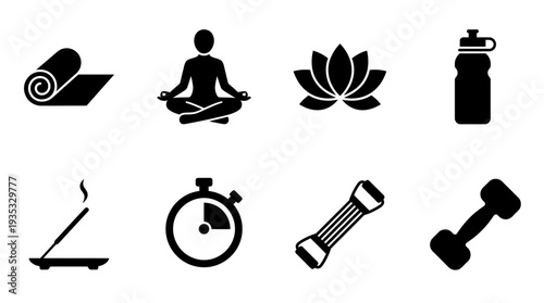 Yoga and Wellness Icon Set – Fitness and Mindfulness Illustrations Featuring Yoga Mat, Meditation Pose, Lotus Flower, Water Bottle, Incense, Stopwatch, Resistance Band, and Dumbbell