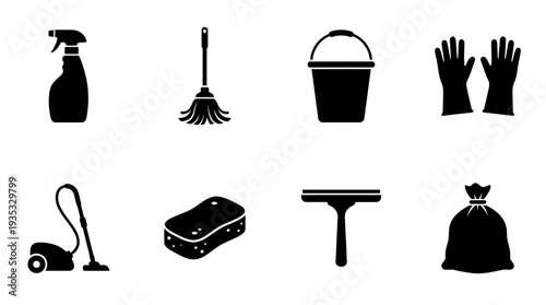 Cleaning Icon Set – Household Cleaning Illustrations Featuring Spray Bottle, Mop, Bucket, Gloves, Vacuum Cleaner, Sponge, Squeegee, and Garbage Bag for Home and Janitorial Designs