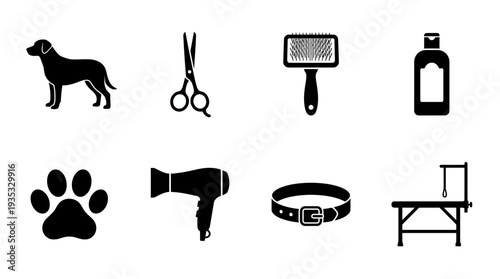 Pet Grooming Icon Set – Grooming and Care Illustrations Featuring Dog, Scissors, Brush, Shampoo Bottle, Paw Print, Hair Dryer, Collar, and Grooming Table