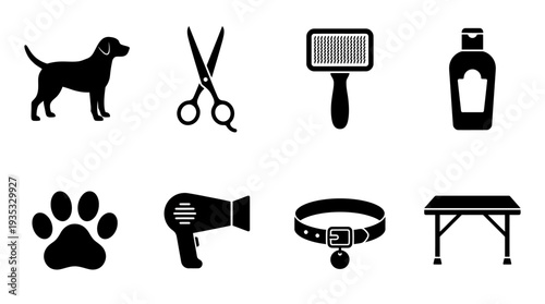 Pet Grooming Icon Set – Grooming and Care Illustrations Featuring Dog, Scissors, Brush, Shampoo Bottle, Paw Print, Hair Dryer, Collar, and Grooming Table