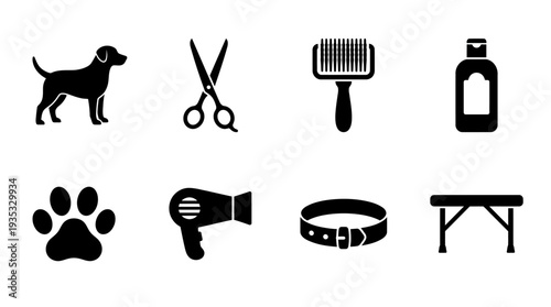 Pet Grooming Icon Set – Grooming and Care Illustrations Featuring Dog, Scissors, Brush, Shampoo Bottle, Paw Print, Hair Dryer, Collar, and Grooming Table