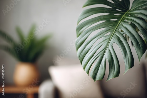 A vibrant close-up of a Monstera leaf with textured details, in a cozy indoor space, revealing the plant's fresh and modern appeal and its natural beauty.