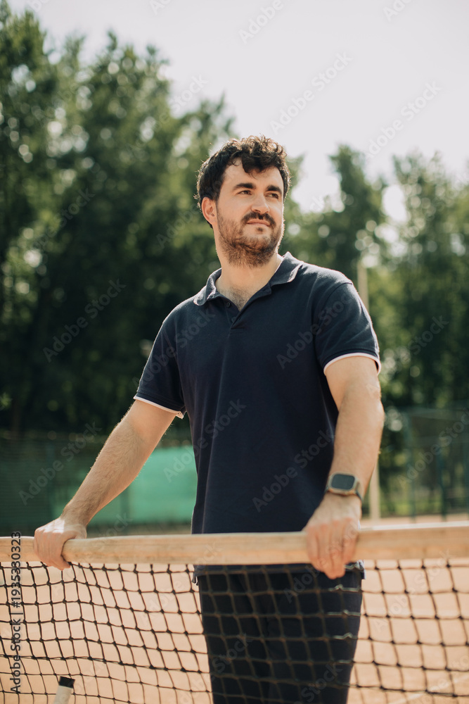Naklejka premium Young man standing at tennis court net