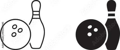 Bowling ball and pin flat black silhouette and outline icon isolated on white background.