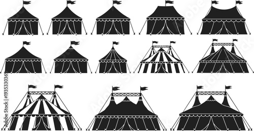 Black circus tent silhouettes set with flags and stripes, carnival marquee vector icons for festival, fair, amusement park and entertainment