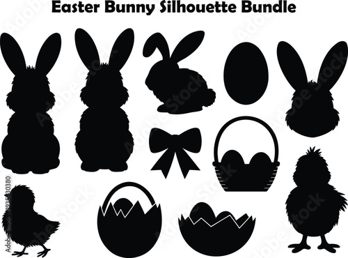 A comprehensive set of black Easter bunny chick and egg related silhouettes on a white background