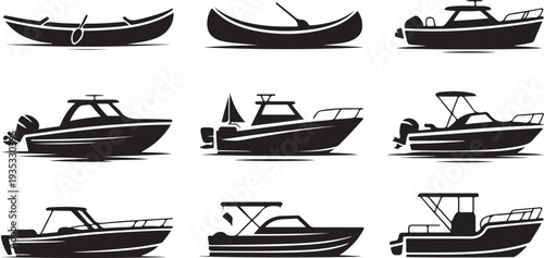 Collection of various boats and yachts with different styles isolated illustration