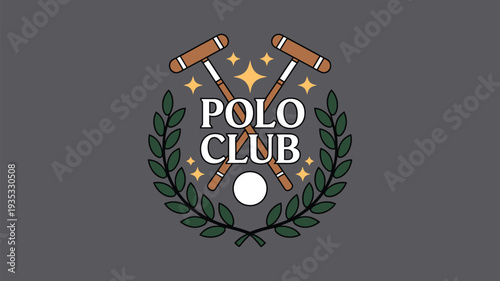Elegant polo club emblem, refined logo combining mallets, polo ball, and decorative laurel wreath for premium sports team branding, merchandise, and exclusive event materials.
