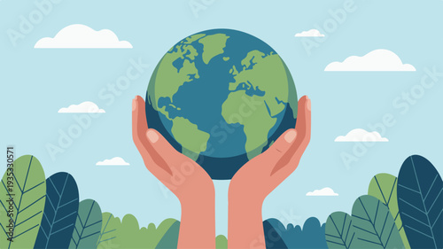 Hands cradling the earth globe with lush greenery and blue sky background symbolizing environmental care and sustainability on world humanitarian day