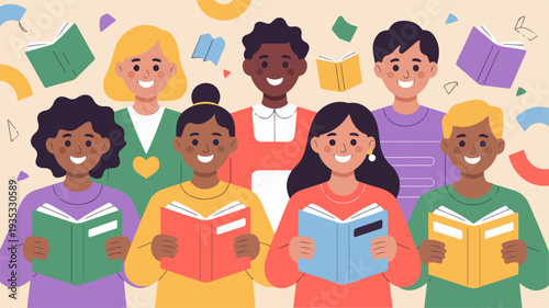 Diverse group of happy people reading books together in a colorful illustration with floating books and papers