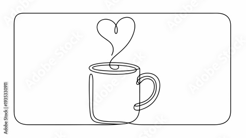 Minimalist continuous line drawing of a mug with heart shaped steam simple and modern design perfect for coffee or tea lovers