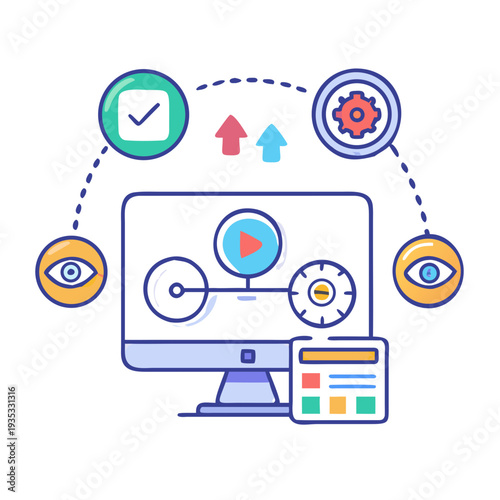 Quality monitoring system in flat style: dashboard screen, metric bars, monitoring eye, alert threshold line, continuous improvement loop, assurance seal. Vector icons See Less
