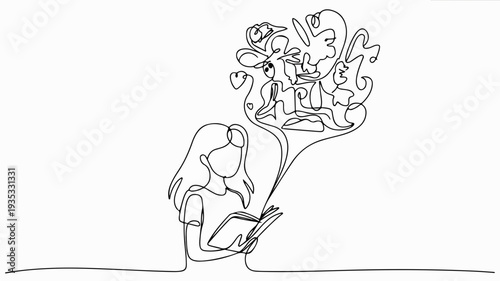 Continuous line drawing of a girl with a whimsical tree of thoughts symbolizing imagination and creativity in a minimalist style