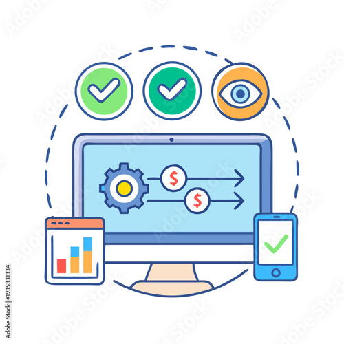 Quality monitoring system in flat style: dashboard screen, metric bars, monitoring eye, alert threshold line, continuous improvement loop, assurance seal. Vector icons See Less
