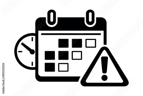 Calendar icon with a clock and warning triangle symbol indicating an alert, urgent reminder, and important due date or deadline