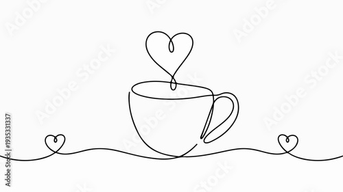 A single line drawing of a cup with a heart rising from it surrounded by a wavy line with small hearts on a white background conveying love and care in a minimalist style