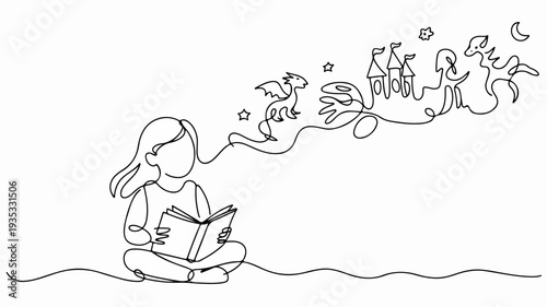 A young girl sits cross legged reading a book with a whimsical line drawing of fantasy elements emerging from her imagination