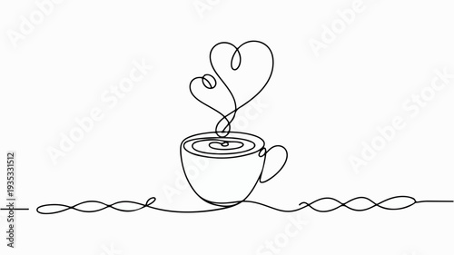 Minimalist single line drawing of a coffee cup with heart shaped steam rising symbolizing love and warmth in a simple elegant design