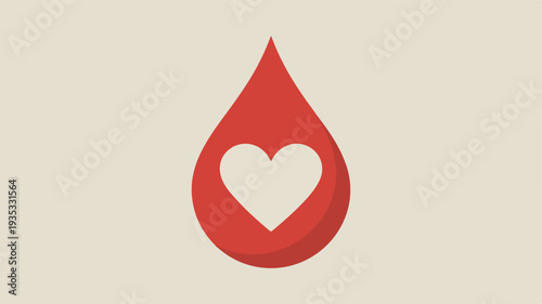 Vector illustration of a large red blood drop with a heart shape inside on beige background symbolizing health and donation